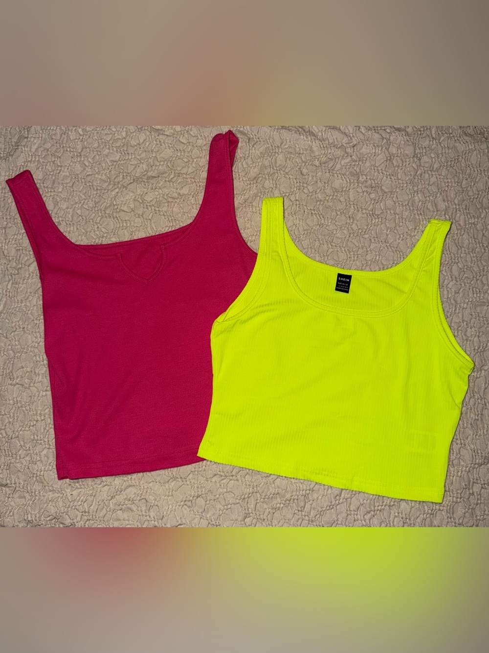 SHEIN Neon Yellow & Hot Pink Ribbed Crop Tank Duo